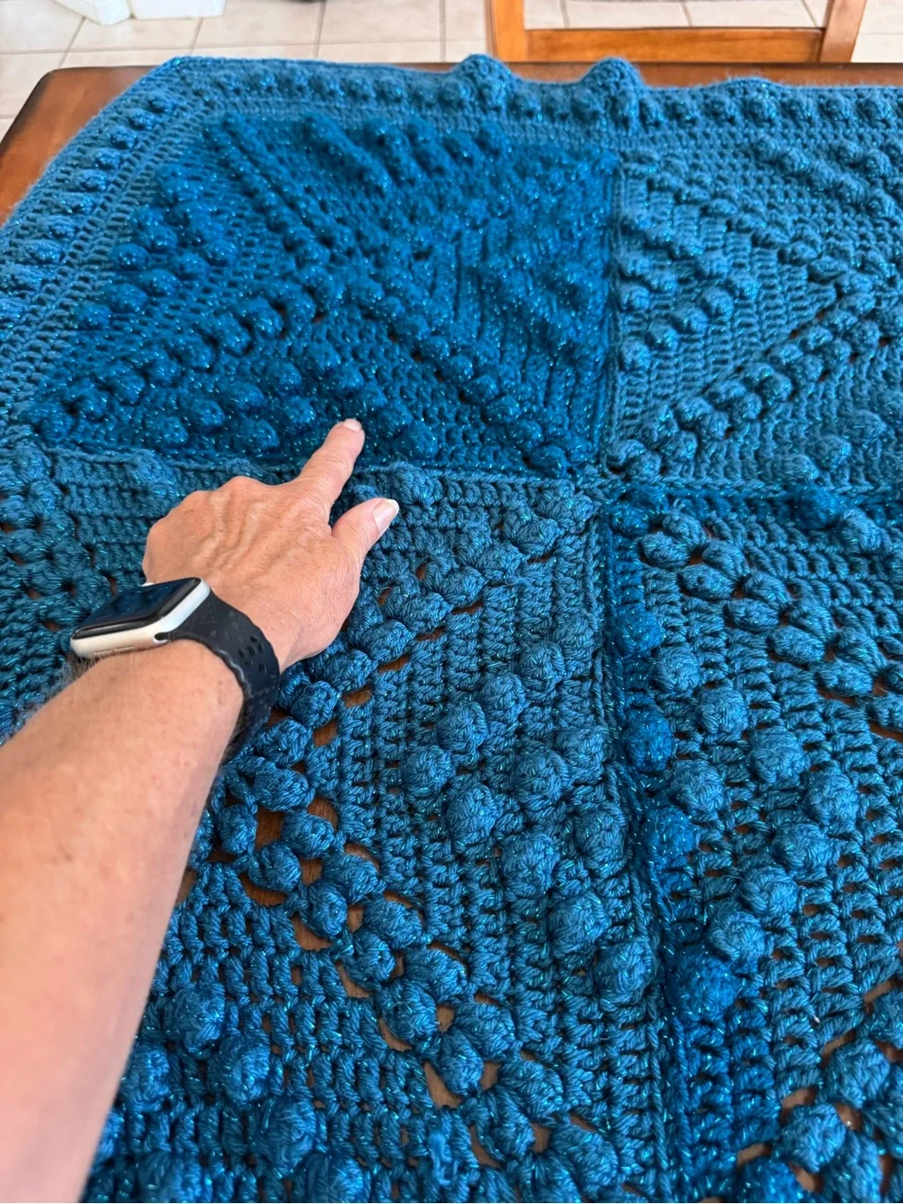 Handmade Blue Sparkle Crochet Afghan Blanket Textured Square Motif Boho Throw